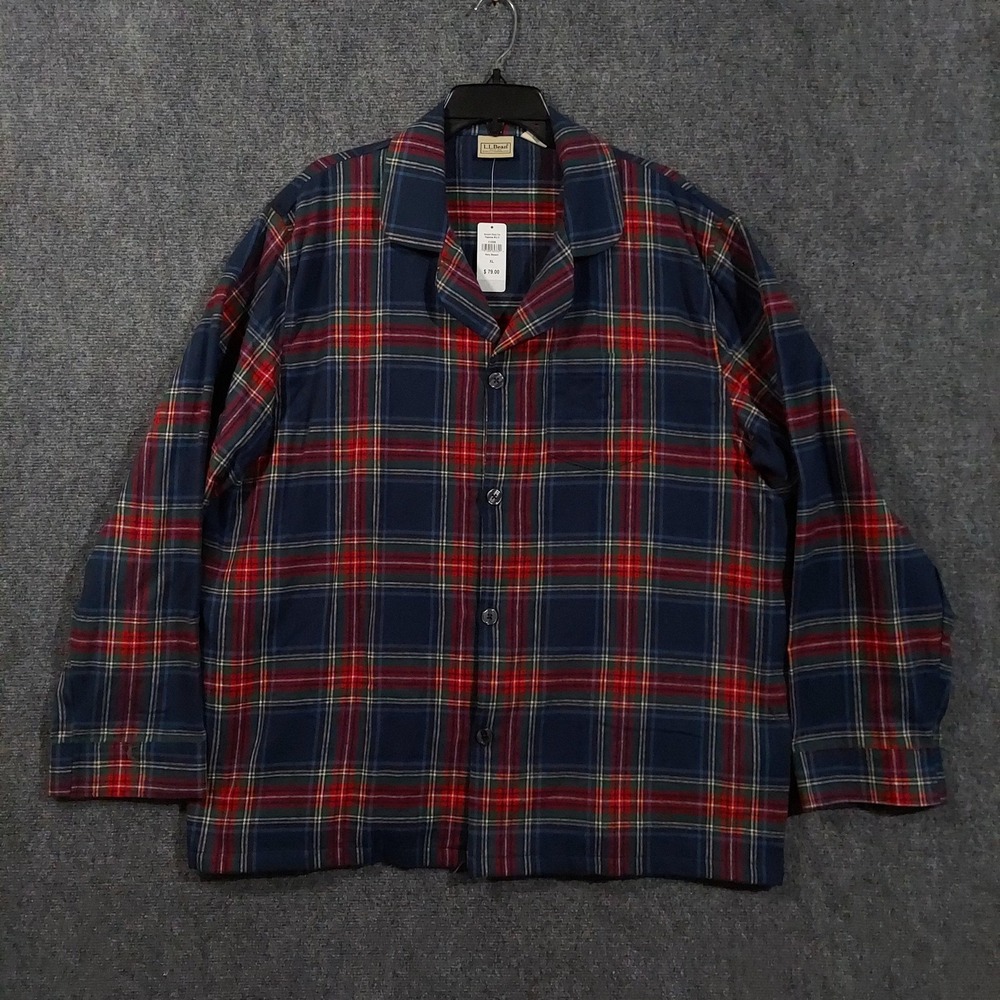 LL Bean Jacket Mens XL‎ Blue Plaid Flannel Button Front Collared Short